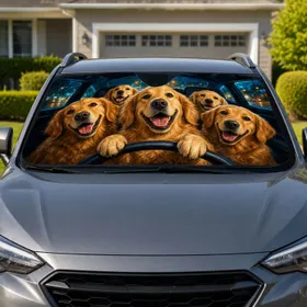 Five Golden Retriever Friends on a Night Drive Decor for Dog Lovers and Road Trip Fans Car Sunshade