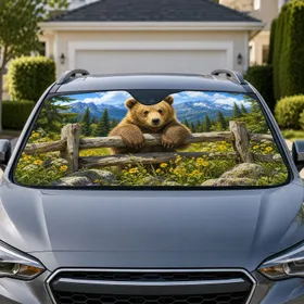 Brown Bear Cub Mountain Meadow Scene for Summer Road Trips and Nature Loving Drivers Car Sunshade