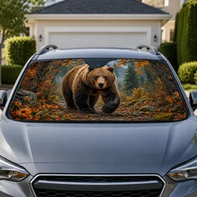 Realistic Grizzly Bear Autumn Forest Woodland Road Trip Gift For Wildlife Lovers Car Sunshade
