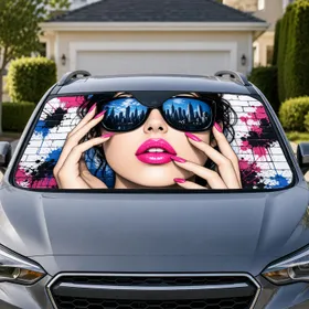 Glamorous Pink Nails And City Skyline Sunglasses For Chic Urban Style Enthusiasts Car Sunshade