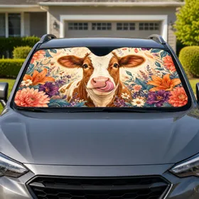 Brown White Cow Floral Meadow Decor for Cheerful Daily Driving and Animal Lovers Car Sunshade