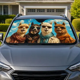 Four Smiling Alpacas In Sunglasses For Road Trip Fun And Gifts For Llama Loving Families Car Sunshade