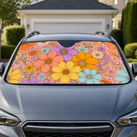 Colorful Retro Daisy Floral Bouquet for Cheerful Spring Road Trips and Groovy Car Lovers Car Sunshade