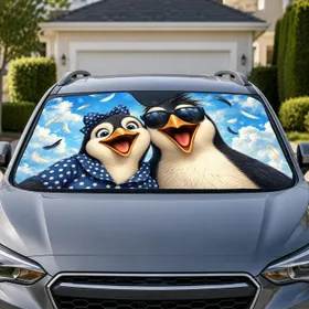 Laughing Penguin Couple Blue Sky UV Protection Road Trip Accessory for Animal Lovers Car Sunshade