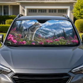 Realistic Gray Wolf Alpine Wildflower Meadow For Mountain Lovers Road Trip Style Car Sunshade