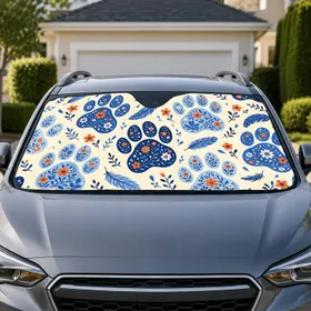 Blue Floral Dog Paw Motifs for Pet Lovers Road Trips, Travel and Daily Vehicle Style Car Sunshade
