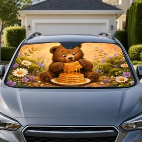 Cute Bear With Honey Pancakes for Sweet Spring Road Trips and Nature Loving Drivers Car Sunshade