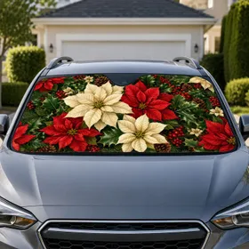 Christmas Poinsettia Holly And Pinecone Floral Decor For Festive Winter Road Trips Car Sunshade
