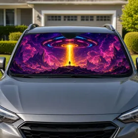 Neon UFO Abduction Over Alien Mountains For Sci-Fi Road Trip And Cosmic Fantasy Fans Car Sunshade