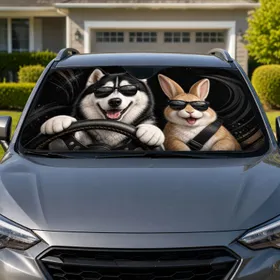 Husky And Bunny Driving Duo For Road Trip Pet Lovers With Sleek Black Sunglasses Car Sunshade