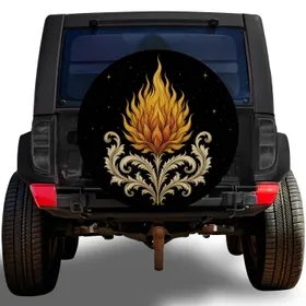 Golden Flame Flower With Ivory Acanthus Scrolls For Vintage Road Trip Enthusiasts Spare Tire Cover