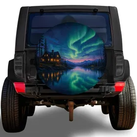 Northern Lights Cabin Lake Scene for Camping Adventures and Outdoor SUV Travelers Spare Tire Cover