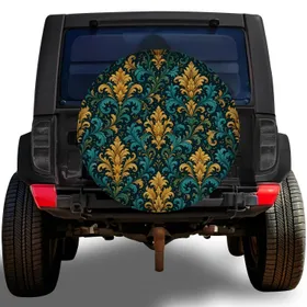 Baroque Damask Acanthus In Midnight Teal And Antique Gold For Refined SUV Travel Style Spare Tire Cover