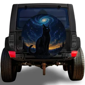 Mystical Black Cat Beneath Blue Spiral Galaxy for Gothic Camping Road Trip Lovers Spare Tire Cover