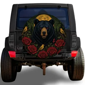 Red Eyed Black Bear Under Golden Moon With Roses Gothic Camping Gift For Wildlife Lovers Spare Tire Cover