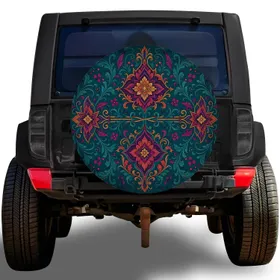 Art Nouveau Peacock Teal Floral Cross Ornament For Boho RV And SUV Travel Decor Spare Tire Cover