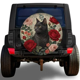 Charcoal Gray Cat With Red Roses for Garden Lovers Vintage Botanical Style Spare Tire Cover