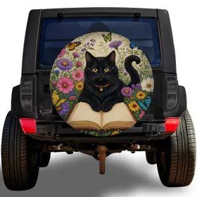 Black Cat Reading Among Wildflowers for RV Camping Road Trips Bookish Nature Lovers Spare Tire Cover