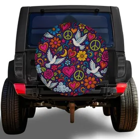 Psychedelic Peace Doves Hearts Flowers for Hippie Road Trips and Retro SUV Style Spare Tire Cover