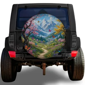 Alpine Mountain Valley Cherry Blossoms And Butterflies For Spring Nature Road Trips Spare Tire Cover