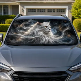 Silver White Longhair Cat With Mystic Smoke For Gothic Fantasy Auto Decor Lovers Car Sunshade