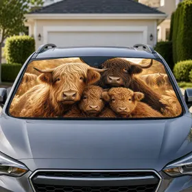 Highland Yak Family Warm Meadow UV Protection For Animal Lovers And Country Drivers Car Sunshade