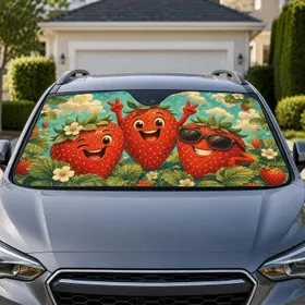 Vintage Strawberry Cartoon Characters for Summer Road Trips and Cheerful Fruit Lovers Car Sunshade