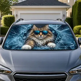 Brown Tabby Cat In Teal Sunglasses Ice Breaker Cool Parking Style For Cat Lovers Car Sunshade