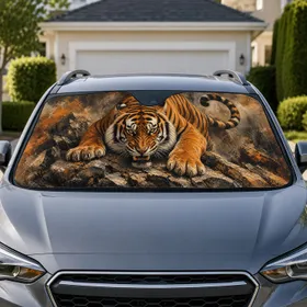 Realistic Bengal Tiger On Rocky Terrain For Rugged Daily Commutes And Road Trips Car Sunshade