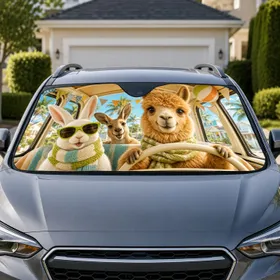 Alpaca Rabbit Kangaroo Road Trip Cabin Scene for Summer Travel Animal Loving Families Car Sunshade