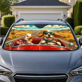Smiling Dog Driving Red Vintage Roadster With Duck Passenger For Summer Road Trips Car Sunshade