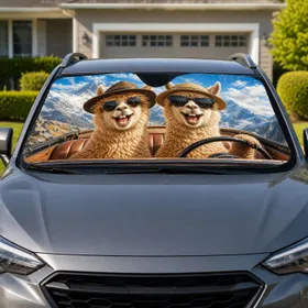Laughing Alpacas In Vintage Open Top Vehicle Mountain Road Trip Gift Animal Lovers Car Sunshade