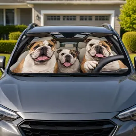 Three English Bulldogs Riding Together For Happy Road Trip Dog Lover Gifts And Travel Car Sunshade