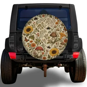 Woodland Mushrooms And Wildflowers For Autumn Camping And RV Weekend Road Adventures Spare Tire Cover