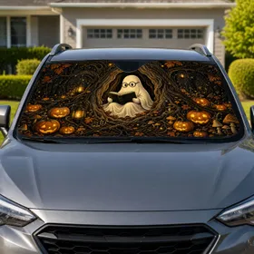 Reading Ghost And Pumpkin Lanterns For Halloween Road Trips And Gothic Autumn Lovers Car Sunshade