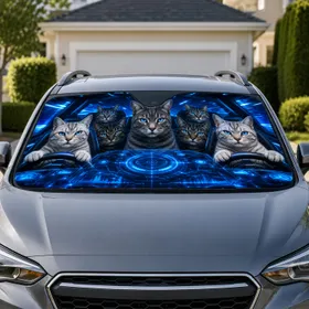 Futuristic Blue Eyed Cat Crew For Night Driving, Commuters And Sci Fi Animal Lovers Car Sunshade