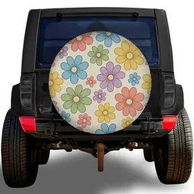 Pastel Retro Daisy Flowers for Boho Road Trips, Vintage Camper and RV Travel Lovers Spare Tire Cover