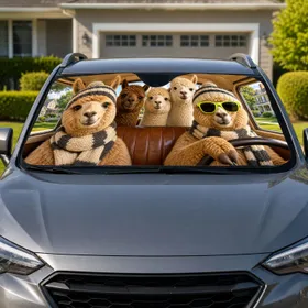 Five Alpacas in Retro Cabin With Knit Hats for Cheerful Everyday Family Road Trips Car Sunshade