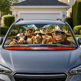 Playful Farm Animals Riding In Roadster For Summer Road Trips And Animal Lovers Car Sunshade