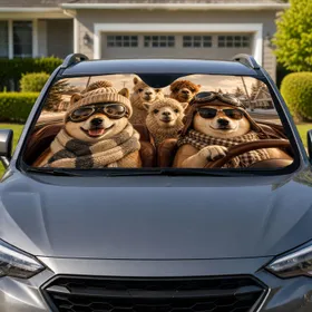 Shiba Inu Dogs And Alpacas Winter Road Trip Scene For Dog Lovers And Travel Fans Car Sunshade