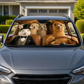Whimsical Rabbit And Alpaca Road Trip Crew For Cheerful Family Travel Adventures Daily Car Sunshade