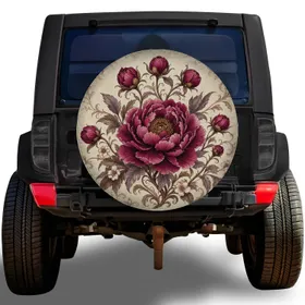 Vintage Burgundy Peony Floral Art Nouveau Garden Style For RV Trailer Camping Trips Spare Tire Cover
