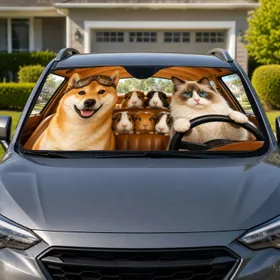 Shiba Inu Cat And Guinea Pig Road Trip Scene For Pet Lovers And Traveling Families Car Sunshade