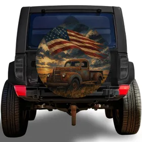 American Flag Vintage Farm Truck for Patriotic Camping and Rugged Road Adventures Spare Tire Cover