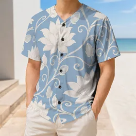 Dusty Blue Ivory Lotus Floral Botanical Motif For Tropical Resort Travel And Beach Days Baseball Jersey