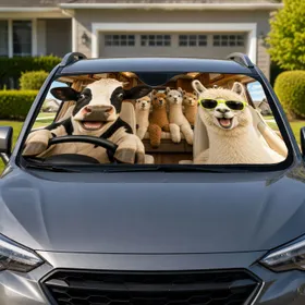 Funny Cow And Sunglasses Alpaca Road Trip Cabin Scene For Animal Lovers Daily Commutes Car Sunshade