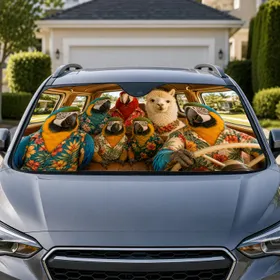 Tropical Parrots And Alpaca In Vintage Van For Summer Road Trips And Bird Lovers Car Sunshade