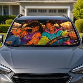 Joyful Black Women City Ride Golden Hour Road Trip Accessory for Urban Commuters Car Sunshade
