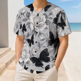Black Butterfly And White Rose Floral Motifs For Elegant Sportswear And Everyday Style Baseball Jersey