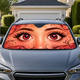 Big Eyed Cute Girl Face With Burgundy Lashes for Playful Daily Drives and Beauty Lovers Car Sunshade